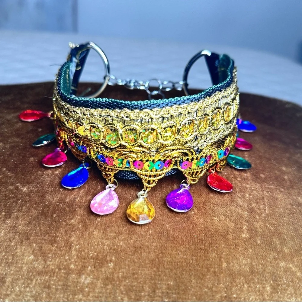 Artisan Gold Choker Multicolor Acrylic Dangle Gem Moroccan Style Handmade Signed